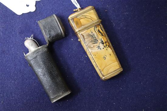Two 18th century Etuis, one brass and hardstone, the other leather mounted